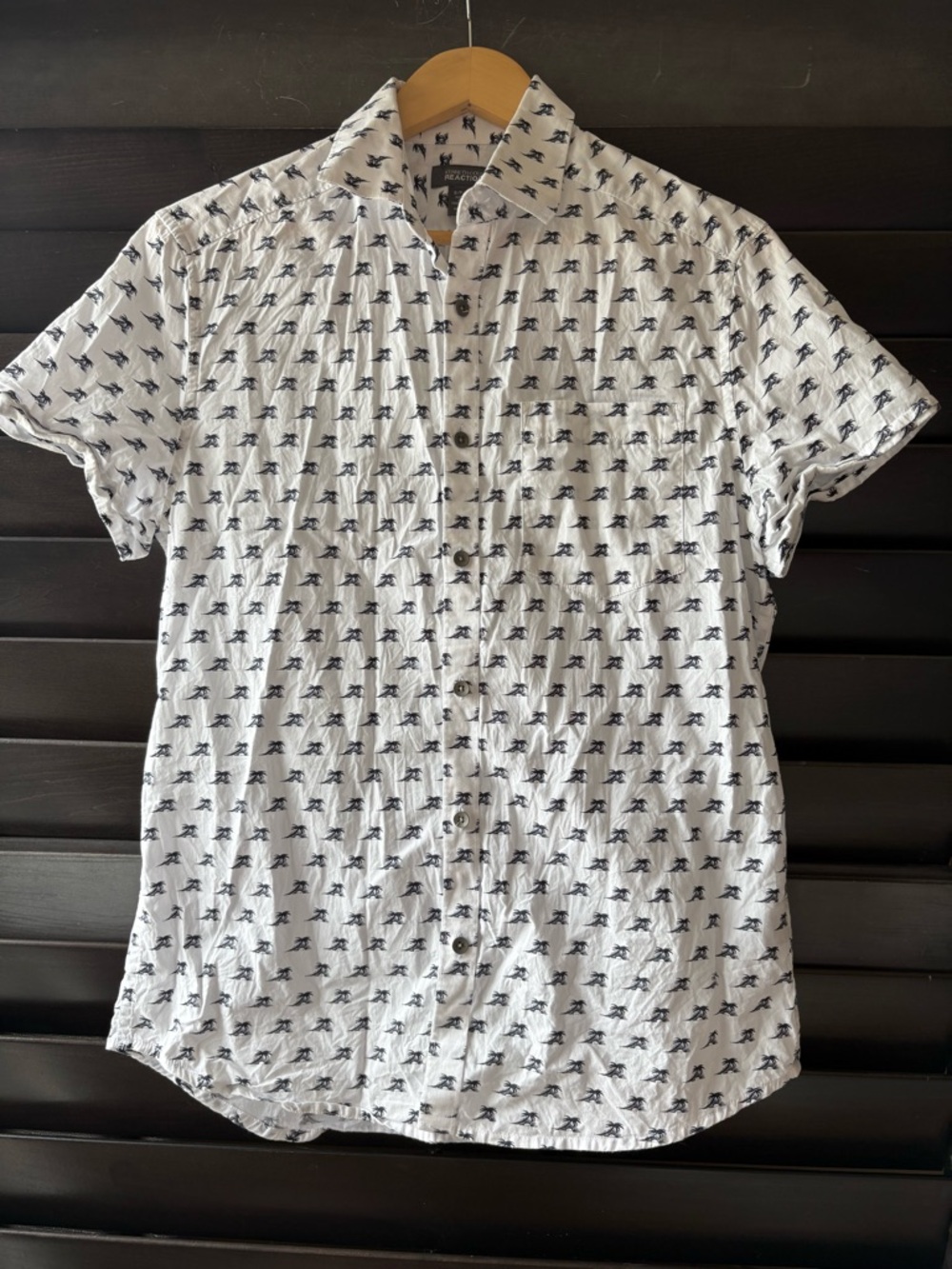 Kenneth Cole Short Sleeve Button Down Cotton Shirt Palm Trees White Blue